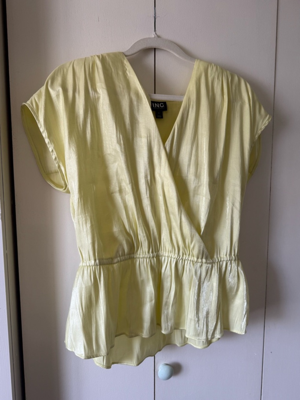 INC International Concepts Yellow Shimmer V-Neck Peplum Blouse Babydoll Top - Picture 5 of 9